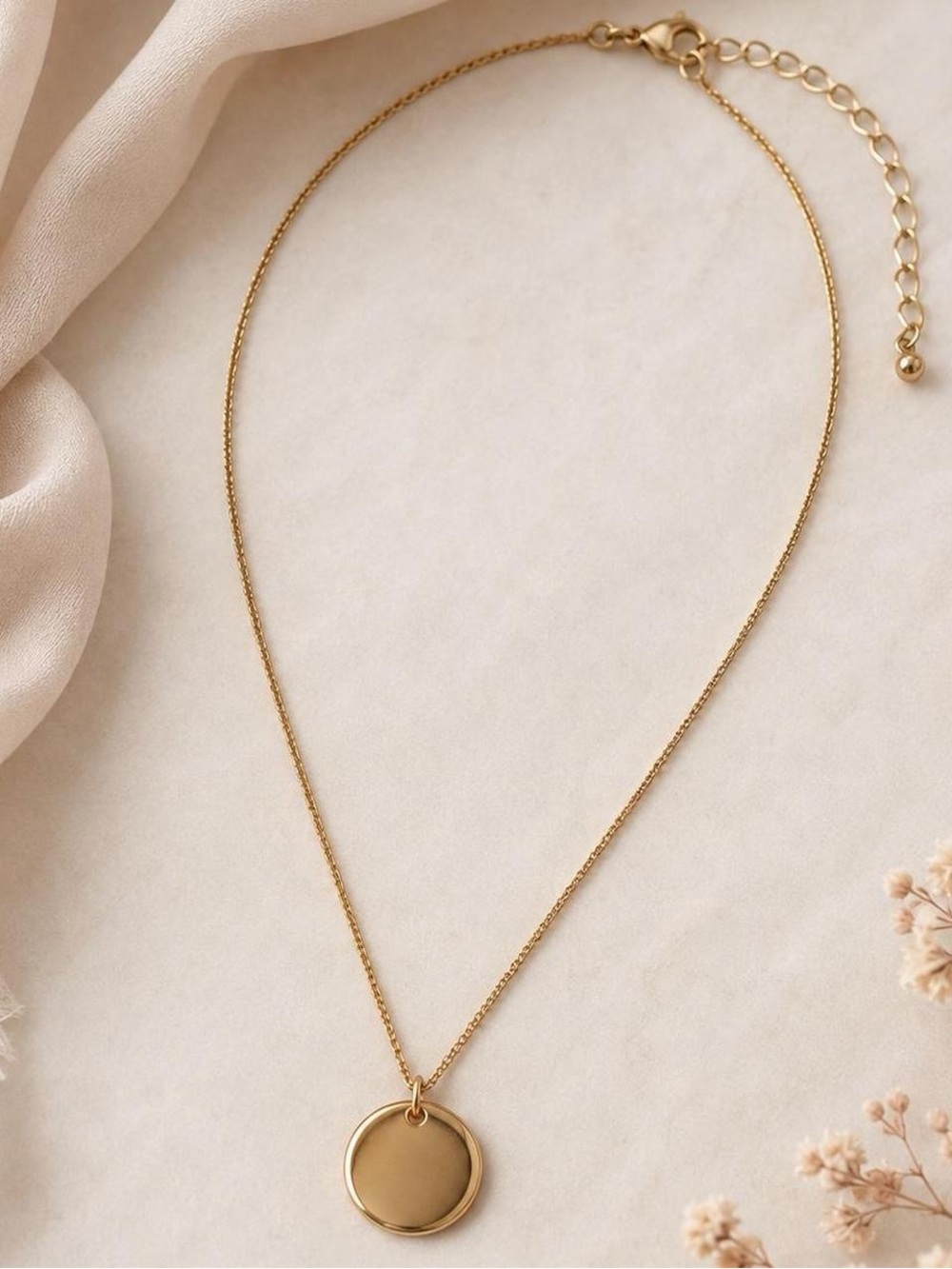 Gold Tone Round Disc Pendant Necklace Minimalist Adjustable